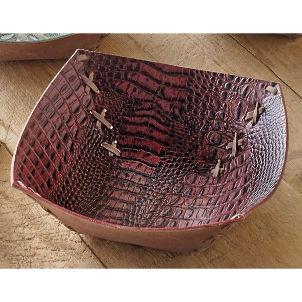 Tooled Embossed Large Red Leather Bowl, Rustic Luxury Home Decor